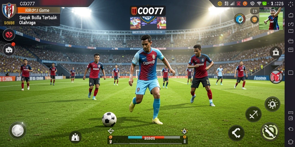 Tampilan gameplay COO77 dengan aksi sepak bola yang intens.