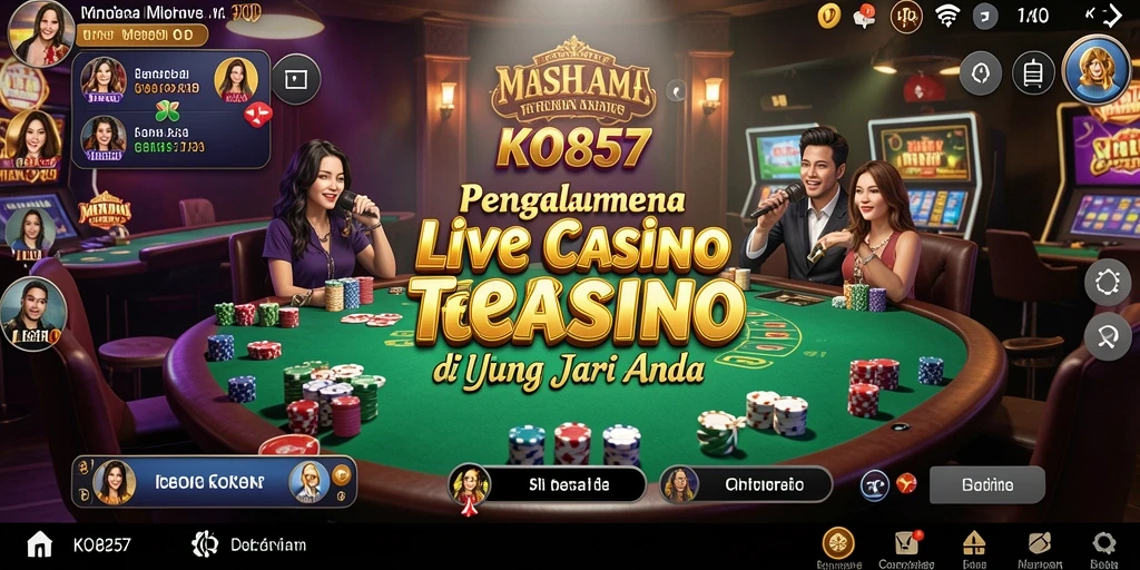 Screenshot gameplay KO857 menunjukkan dealer langsung dan suasana kasino yang nyata.