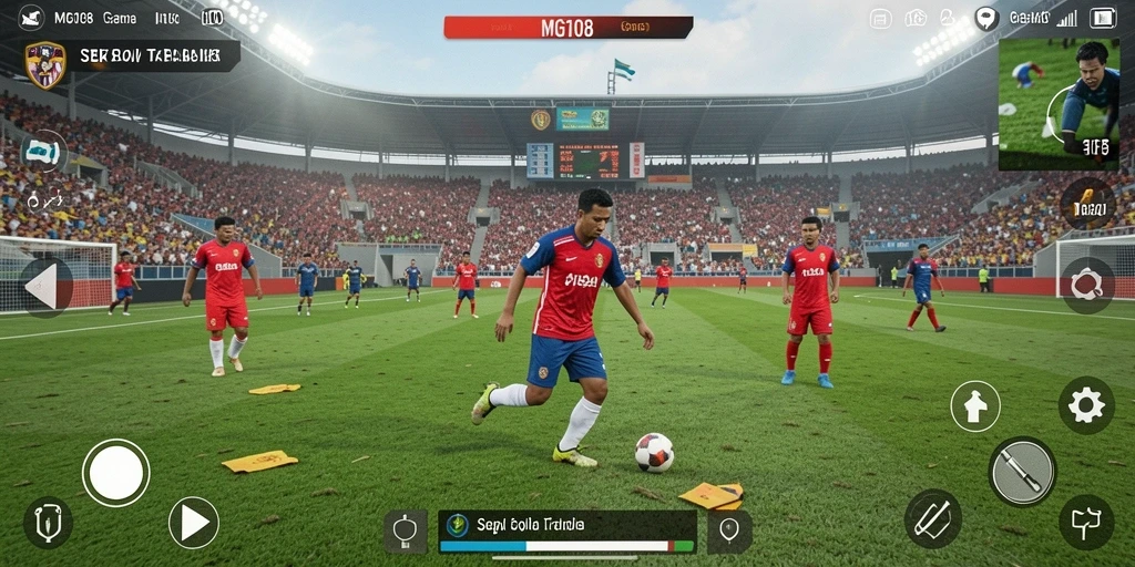 Tangkapan layar permainan MG108 yang menampilkan aksi sepak bola yang mendebarkan.