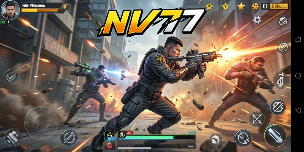 Tampilan menegangkan dalam aksi gameplay NV77 dengan karakter yang bertarung.