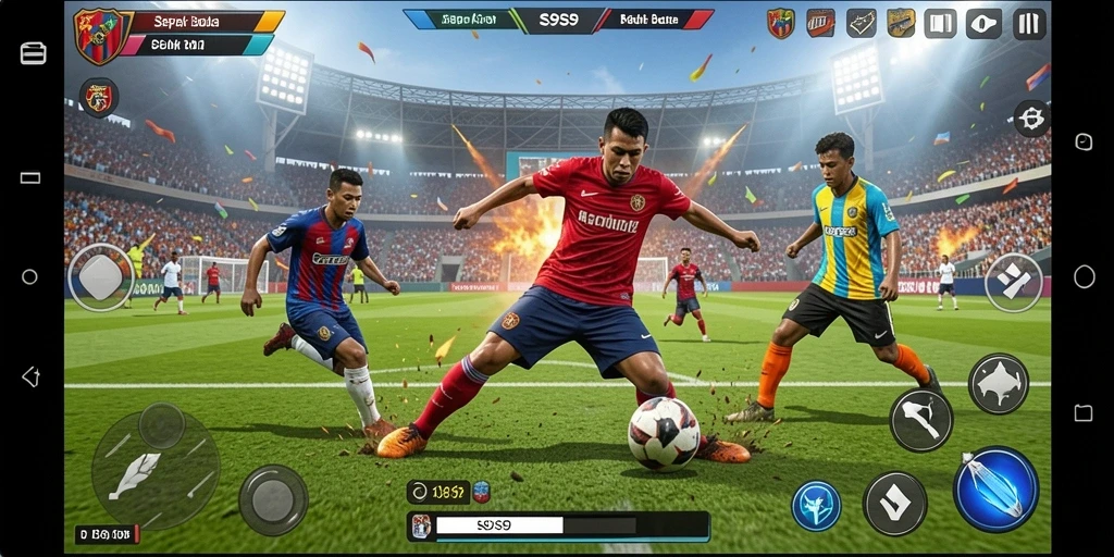 Gameplay S9S9 menampilkan aksi sepak bola yang menegangkan.