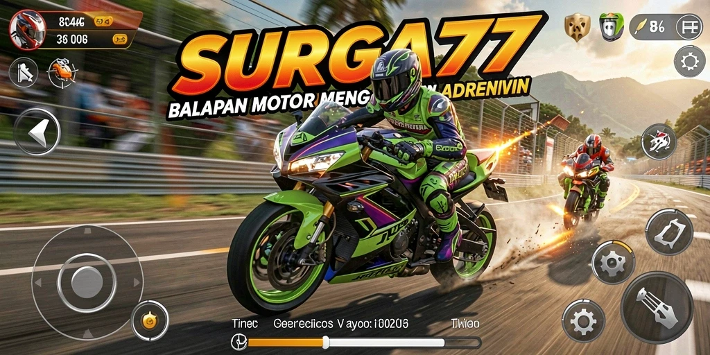 Tangkapan layar gameplay balapan motor yang mendebarkan di SURGA77.