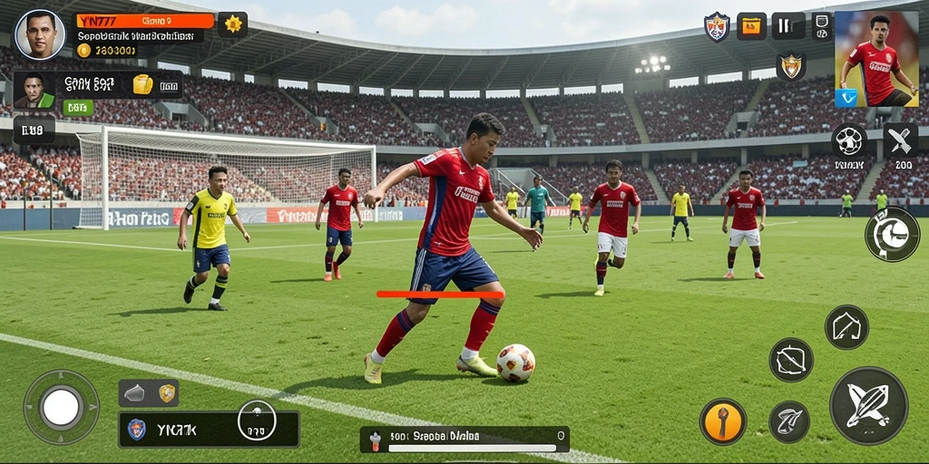 Screenshot YN777 menampilkan aksi seru di lapangan sepak bola.