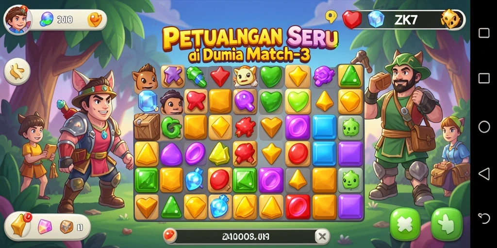 Screenshot ZK7 menampilkan gameplay penuh warna dari tantangan Match-3.